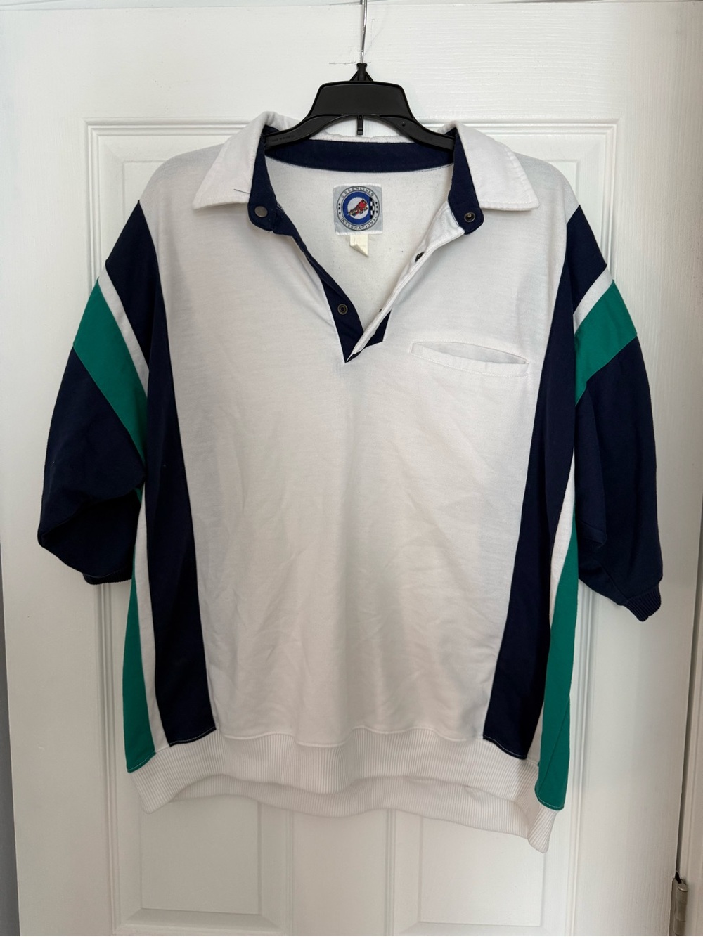 Vintage Greenline International White Short-Sleeve Polo with Navy & Teal Size XL